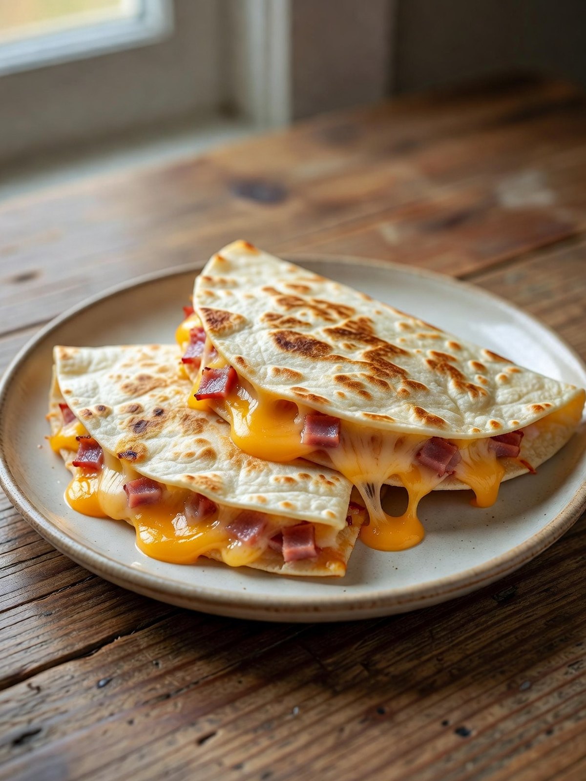 Crispy ham cheddar breakfast quesadilla wedges