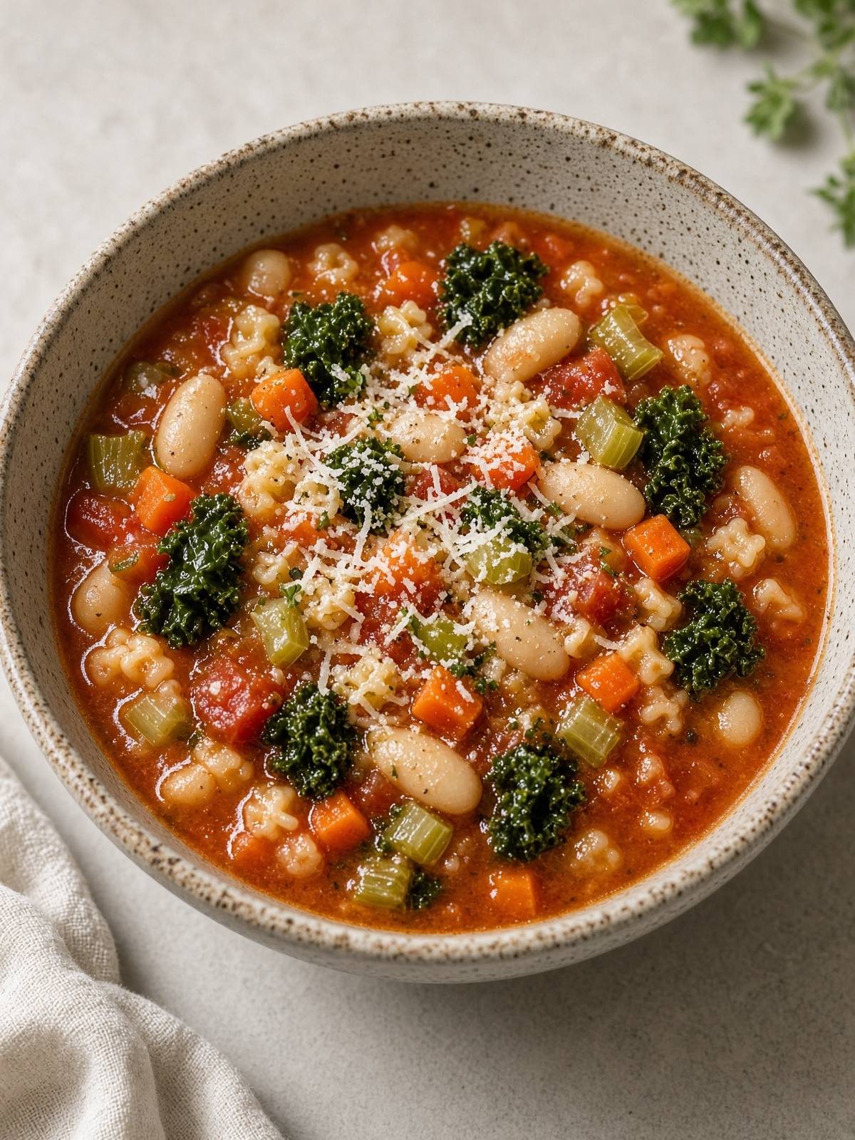A bowl of minestrone with beans, pasta, and vegetables.