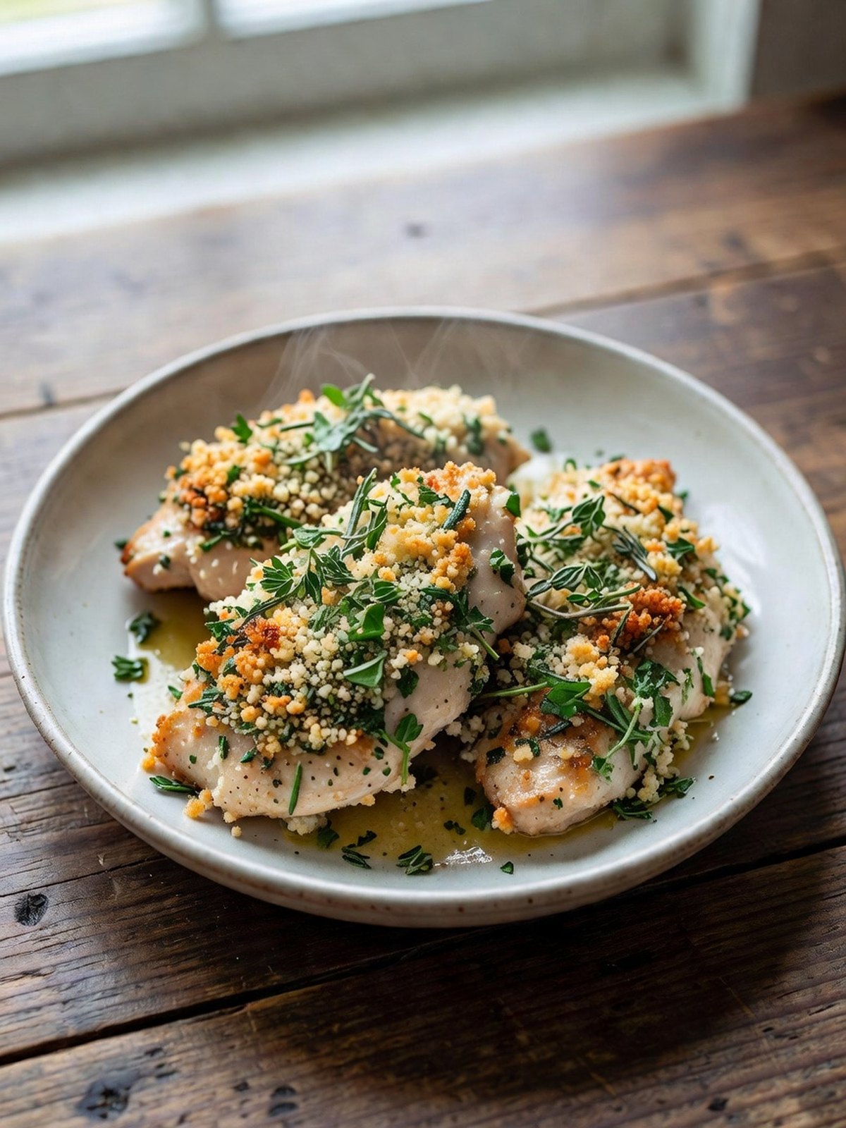 Baked herb-crusted chicken tenderloins on a wire rack