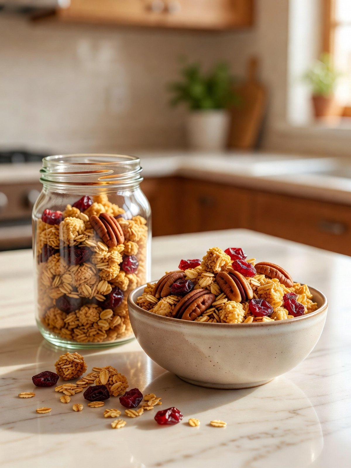 Jar and bowl of golden granola with pecans and dried cranberries