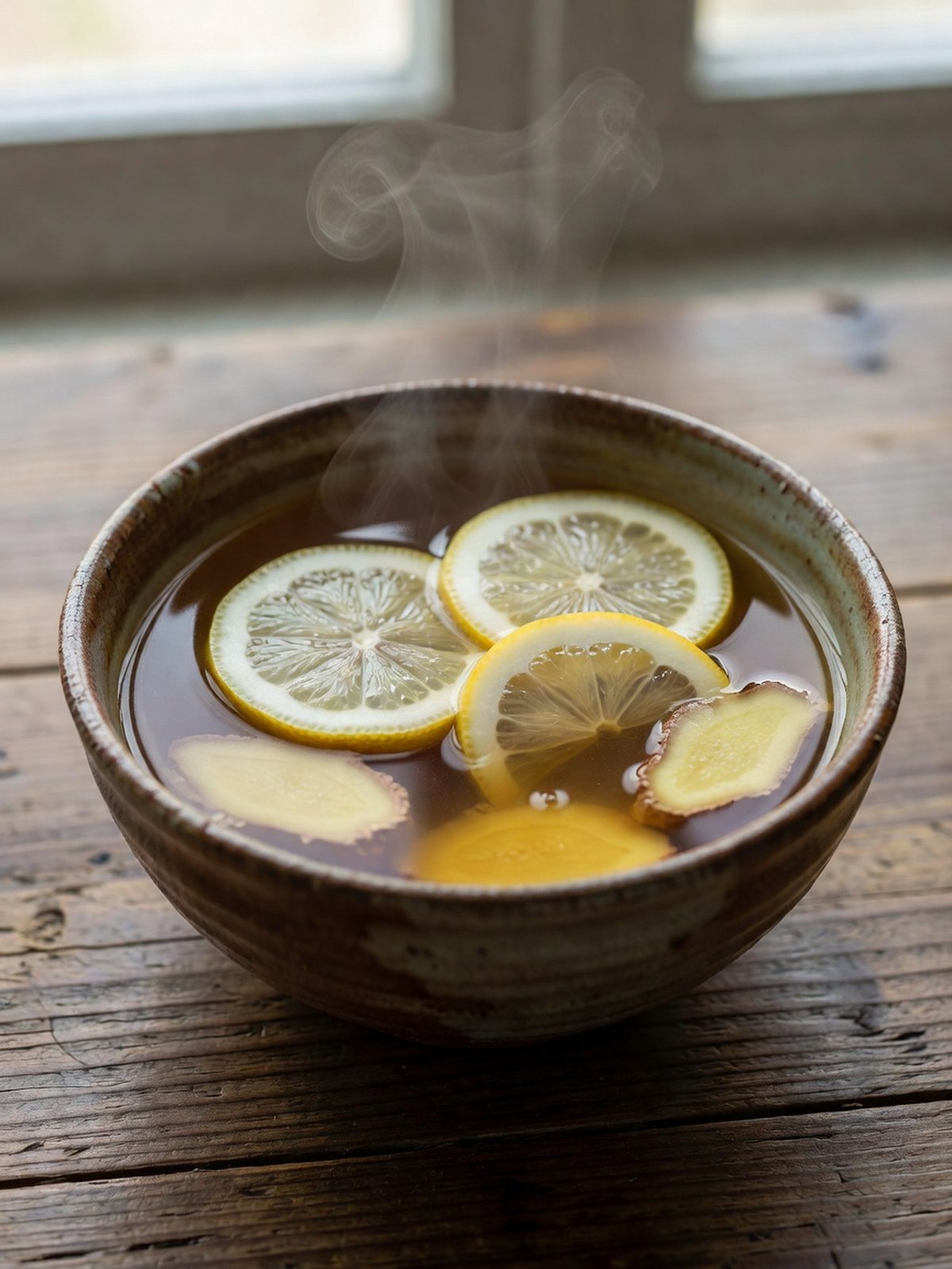 Steaming mug of honey lemon ginger tea with a lemon wedge