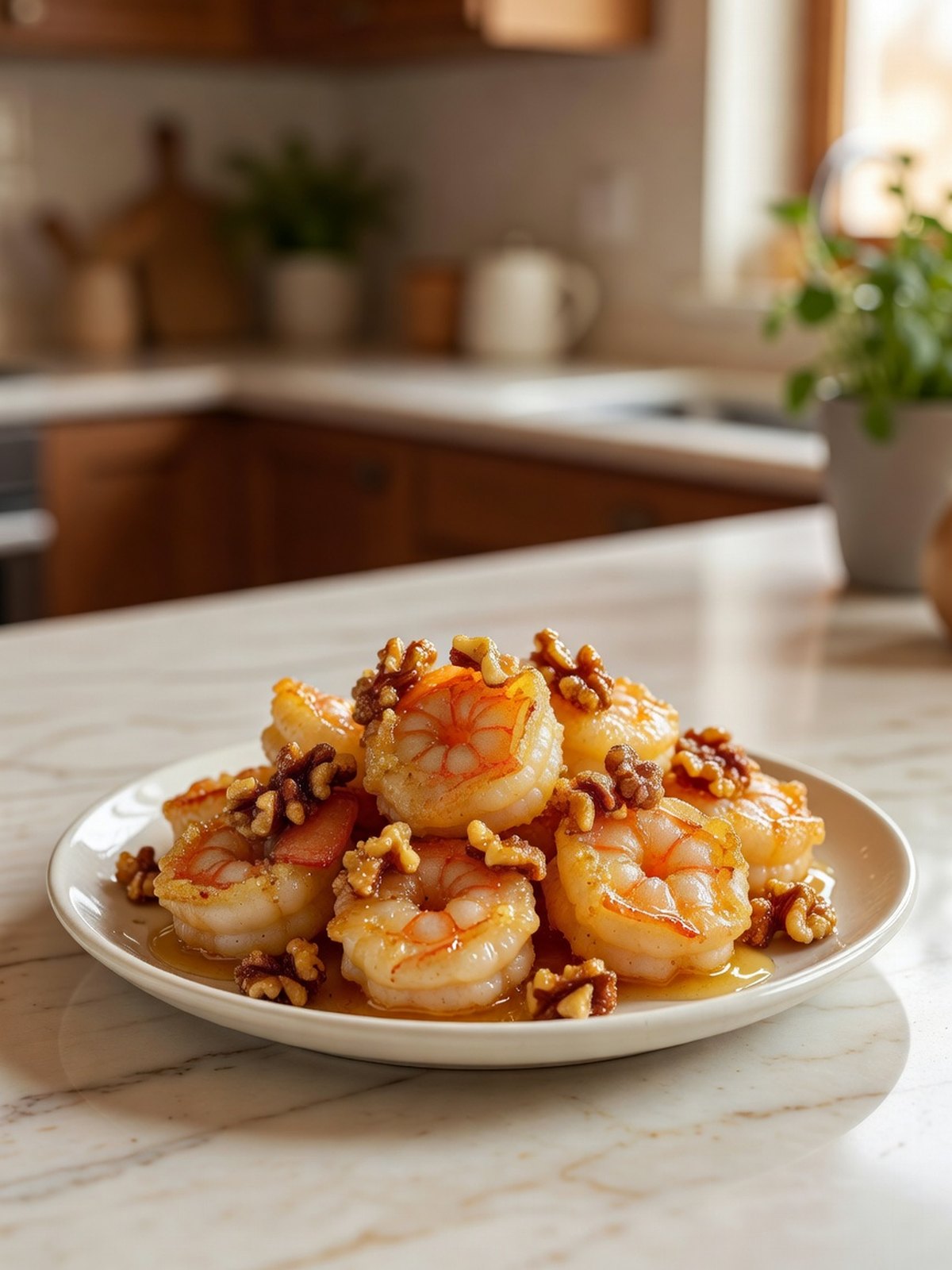 Plate of golden fried shrimp in a pale honey sauce with candied walnuts