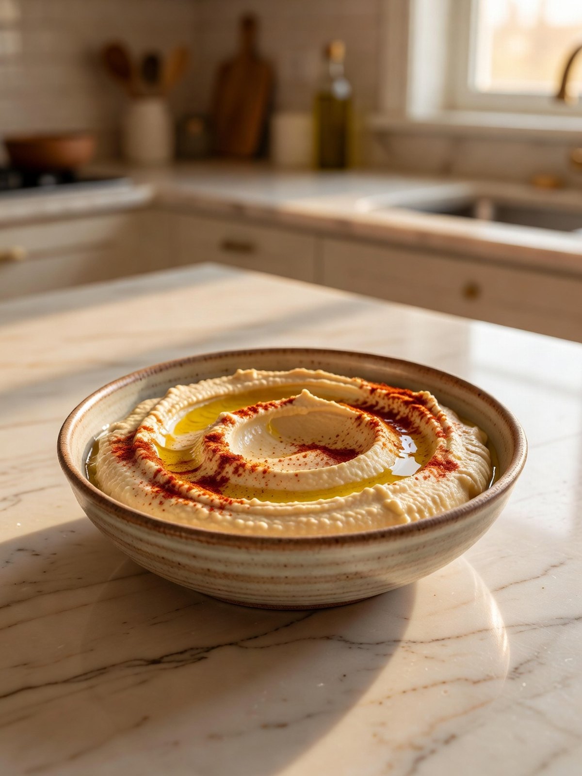 Bowl of smooth hummus swirled with olive oil and a dusting of paprika