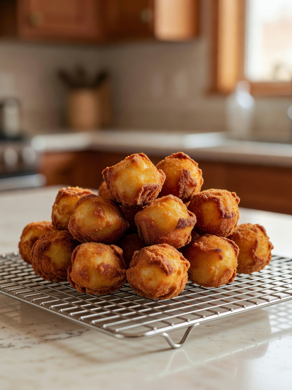 Pile of golden hush puppies with a crisp crust on a wire rack