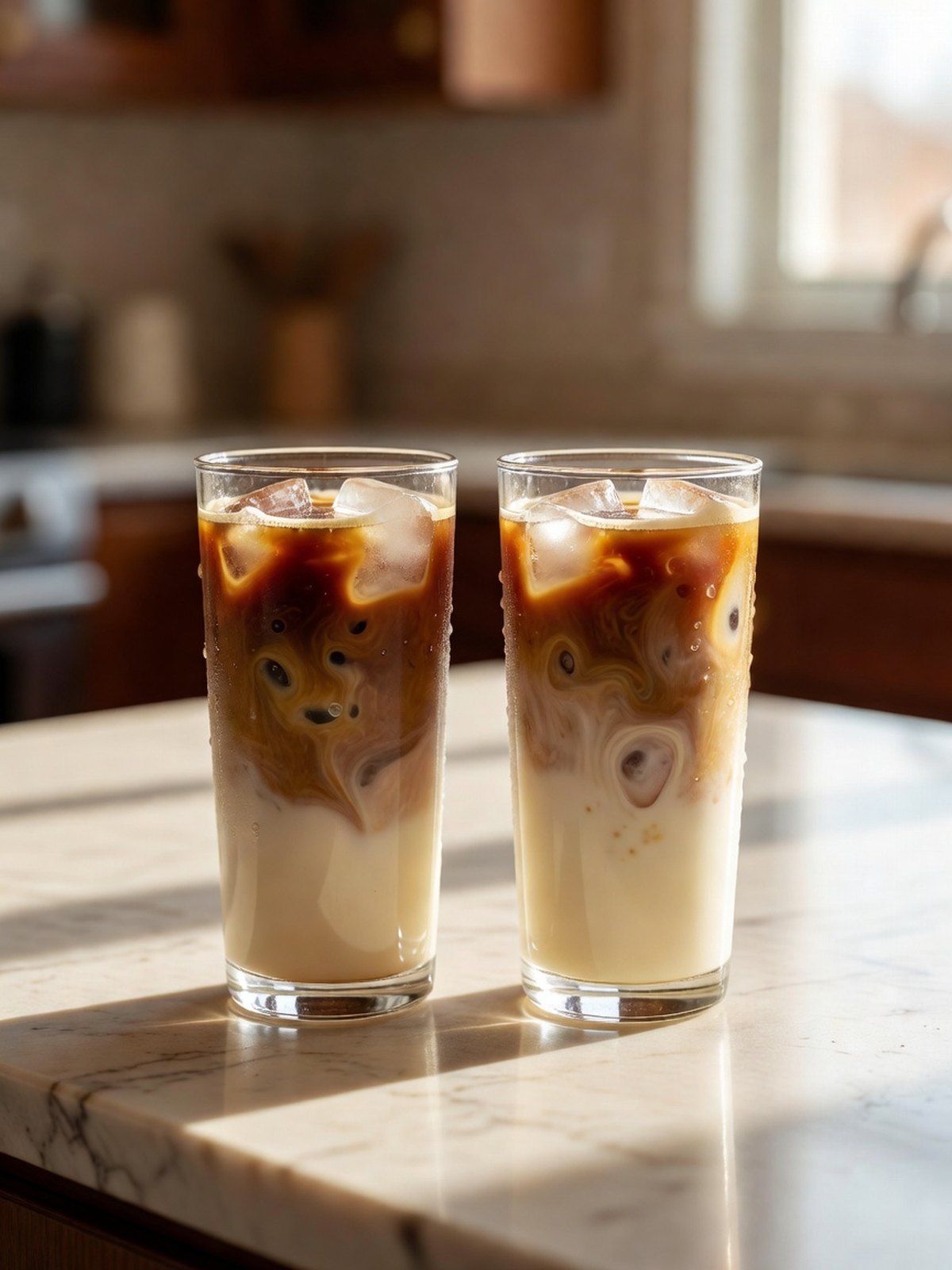 Glasses of iced coffee with milk over ice cubes