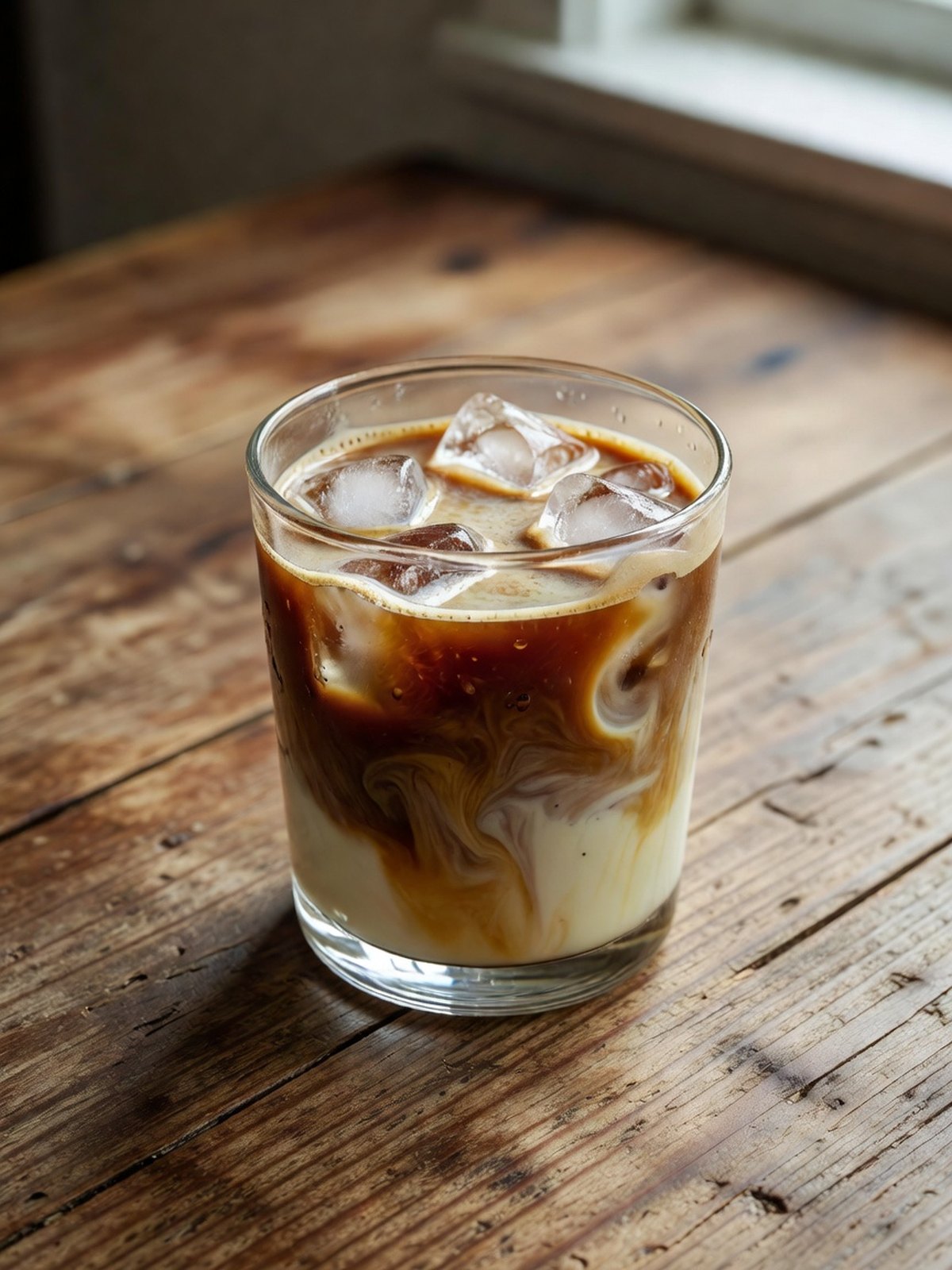 Tall glass of iced vanilla milk coffee with ice cubes