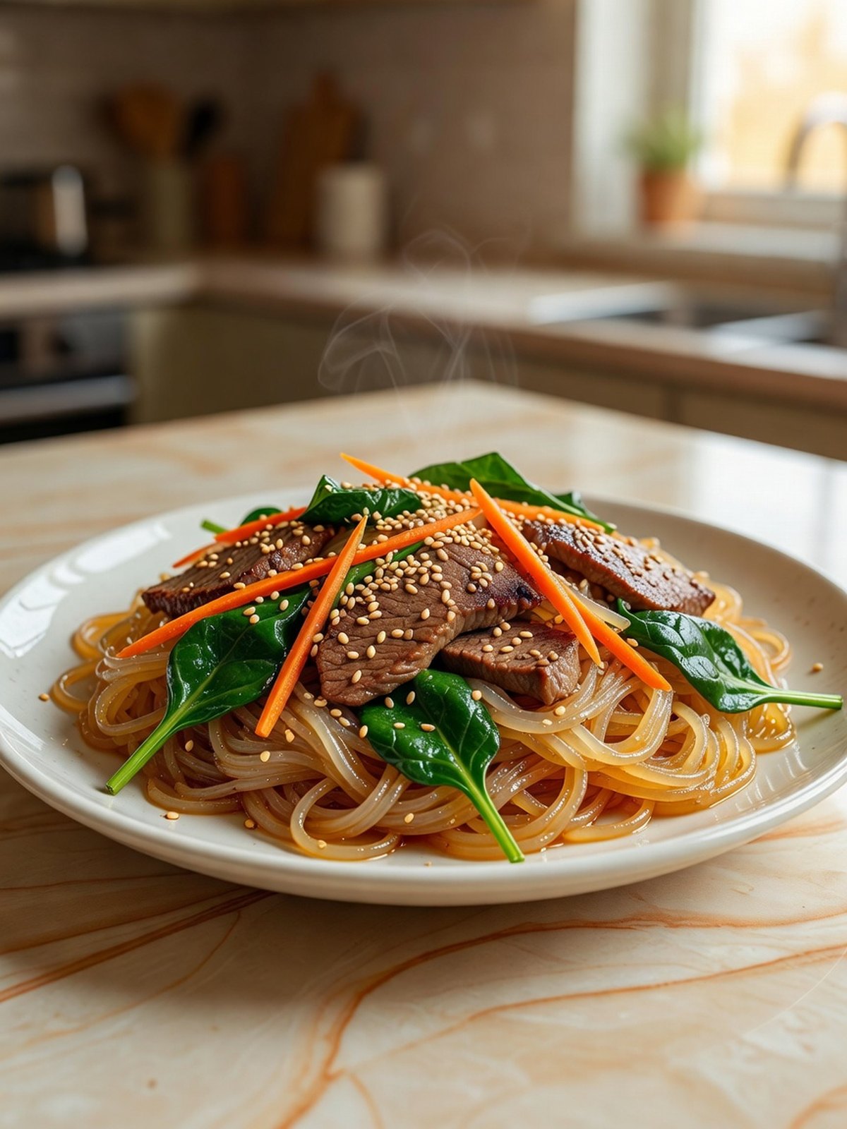 Platter of glossy glass noodles with beef, spinach, carrots, and sesame seeds