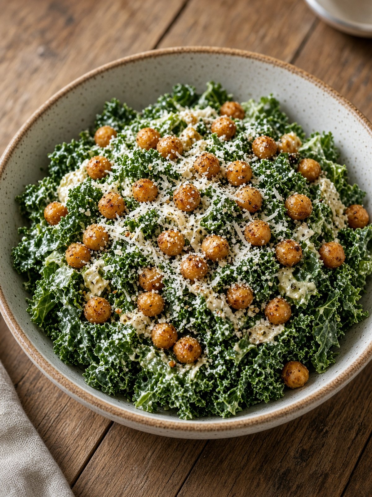 Kale Caesar salad topped with crispy chickpeas and Parmesan