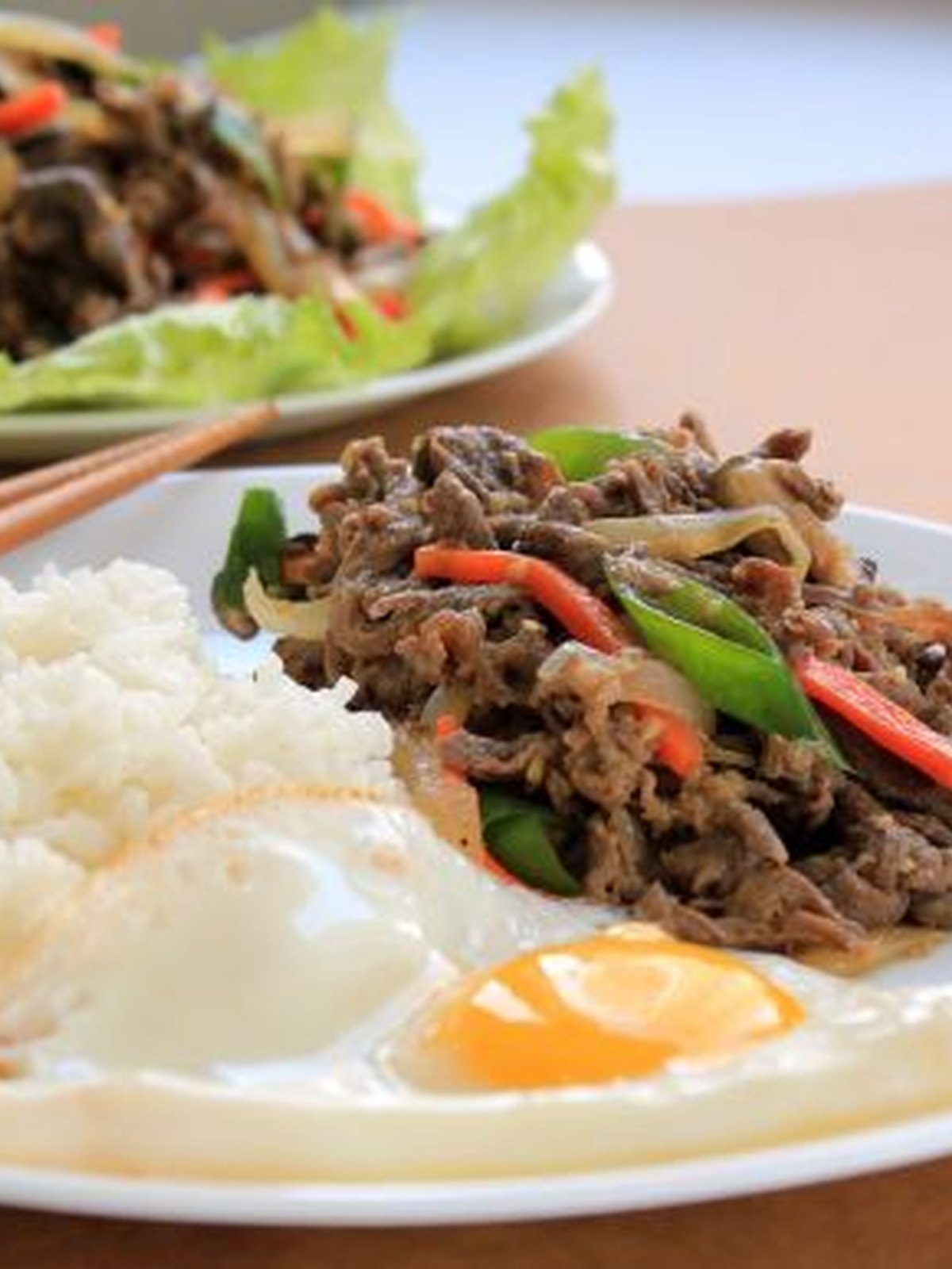 Bulgogi in a skillet with scallions and rice