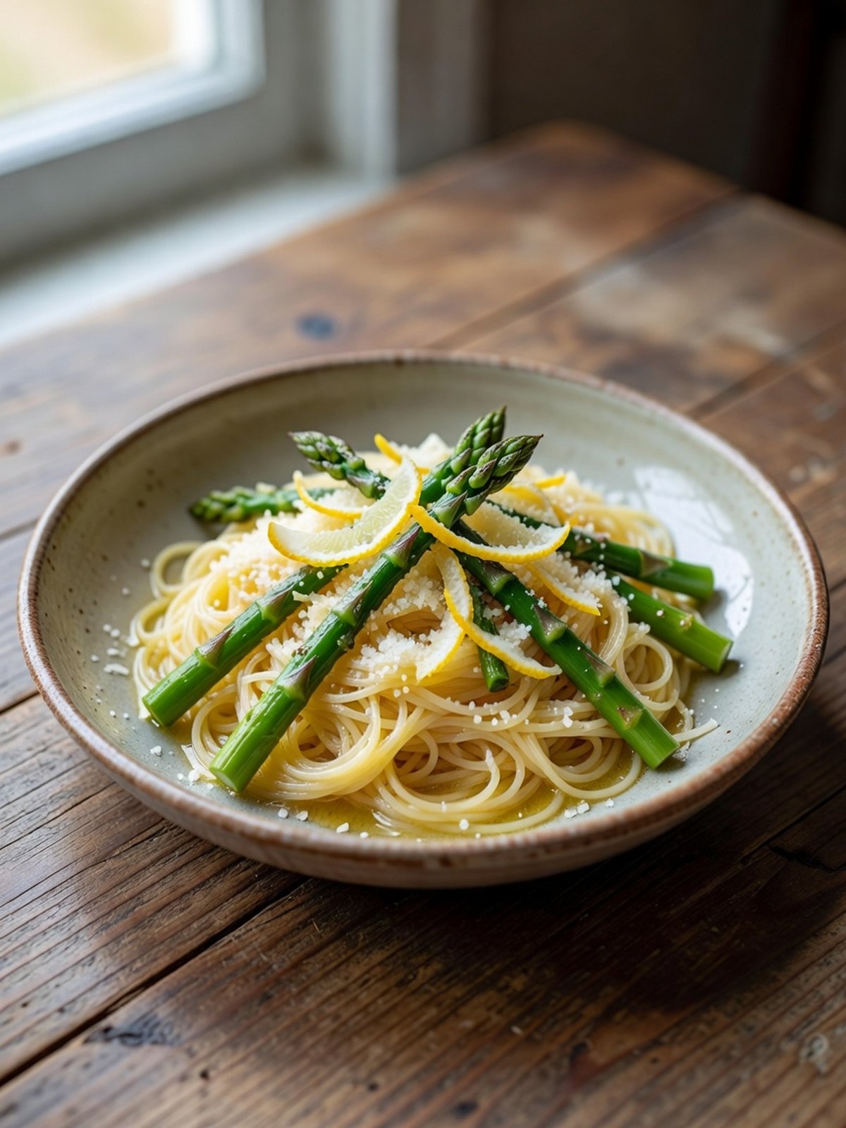 Angel hair pasta with asparagus pieces, lemon zest, and Parmesan