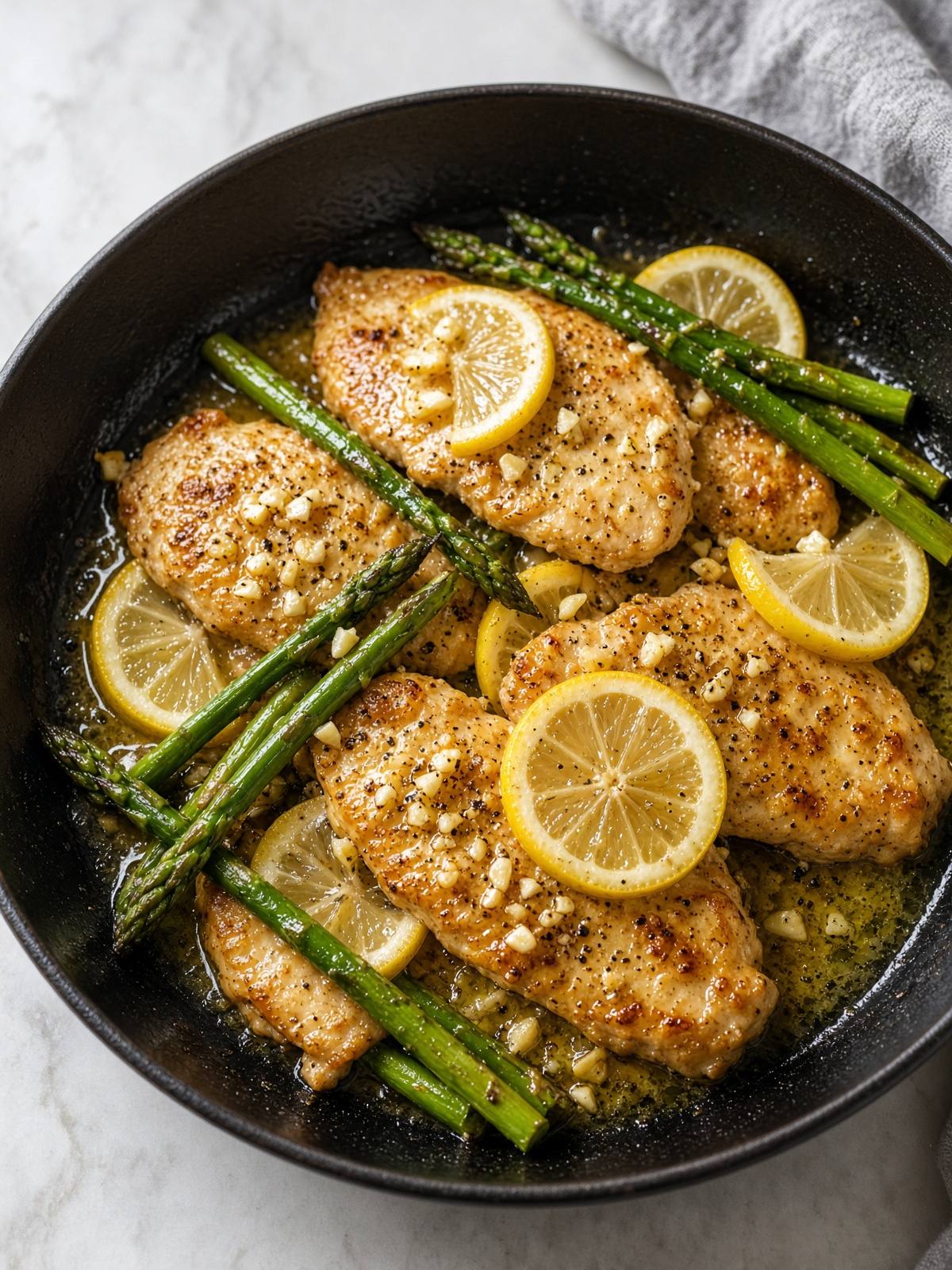 Chicken cutlets and asparagus with lemon in a skillet.