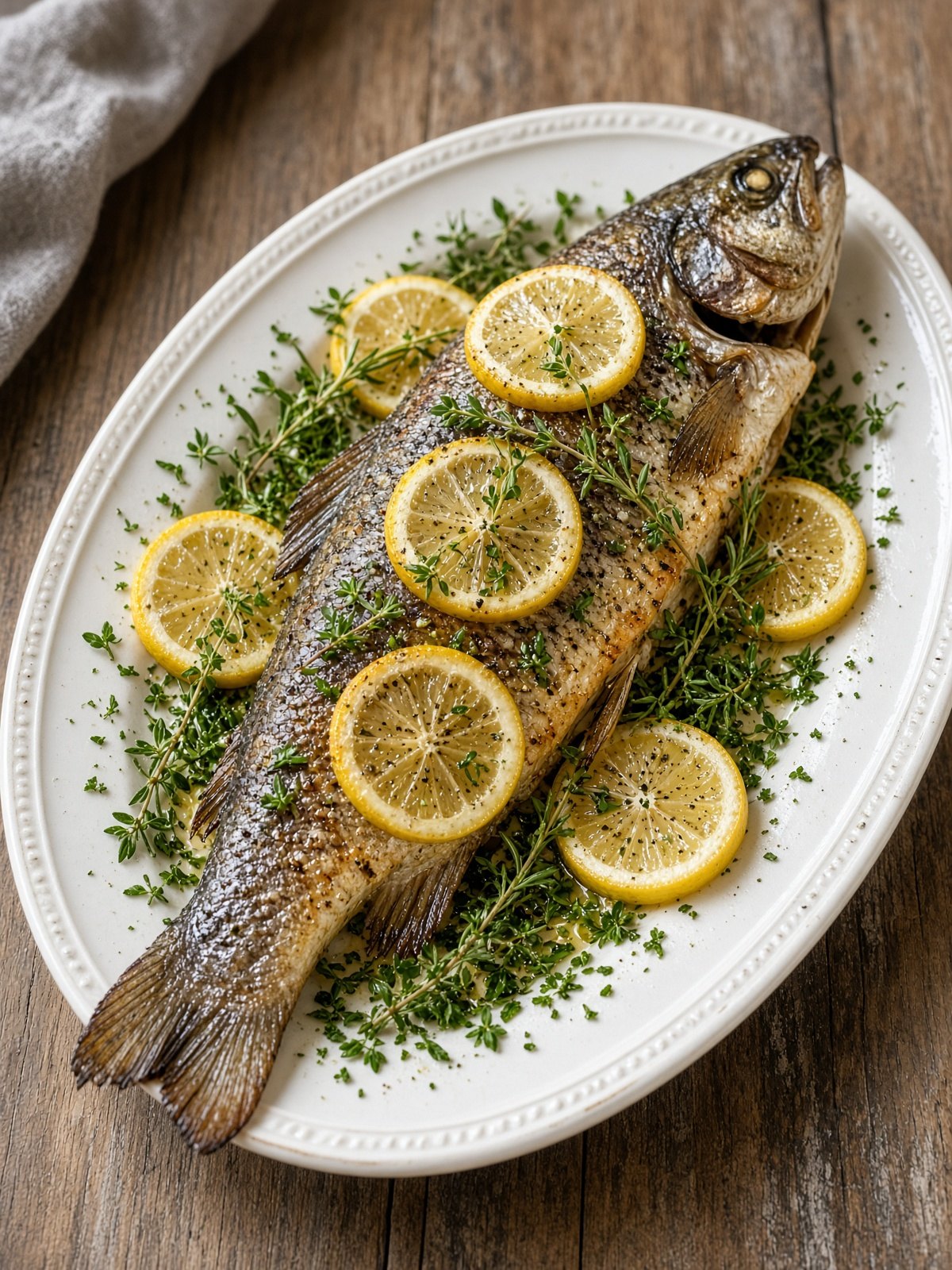 Baked trout with lemon slices and parsley
