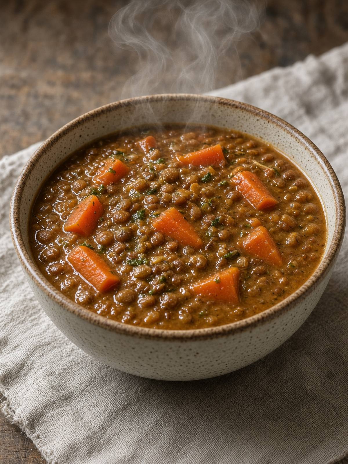 Bowl of brown lentil and carrot stew.