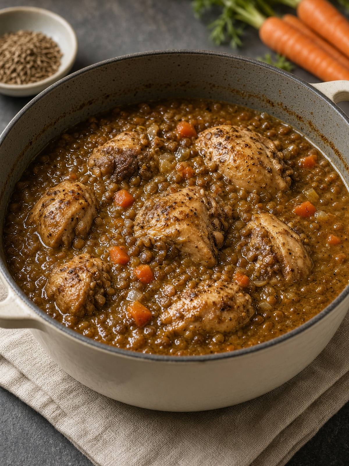 Chicken pieces and brown lentils in a cumin broth with carrot.