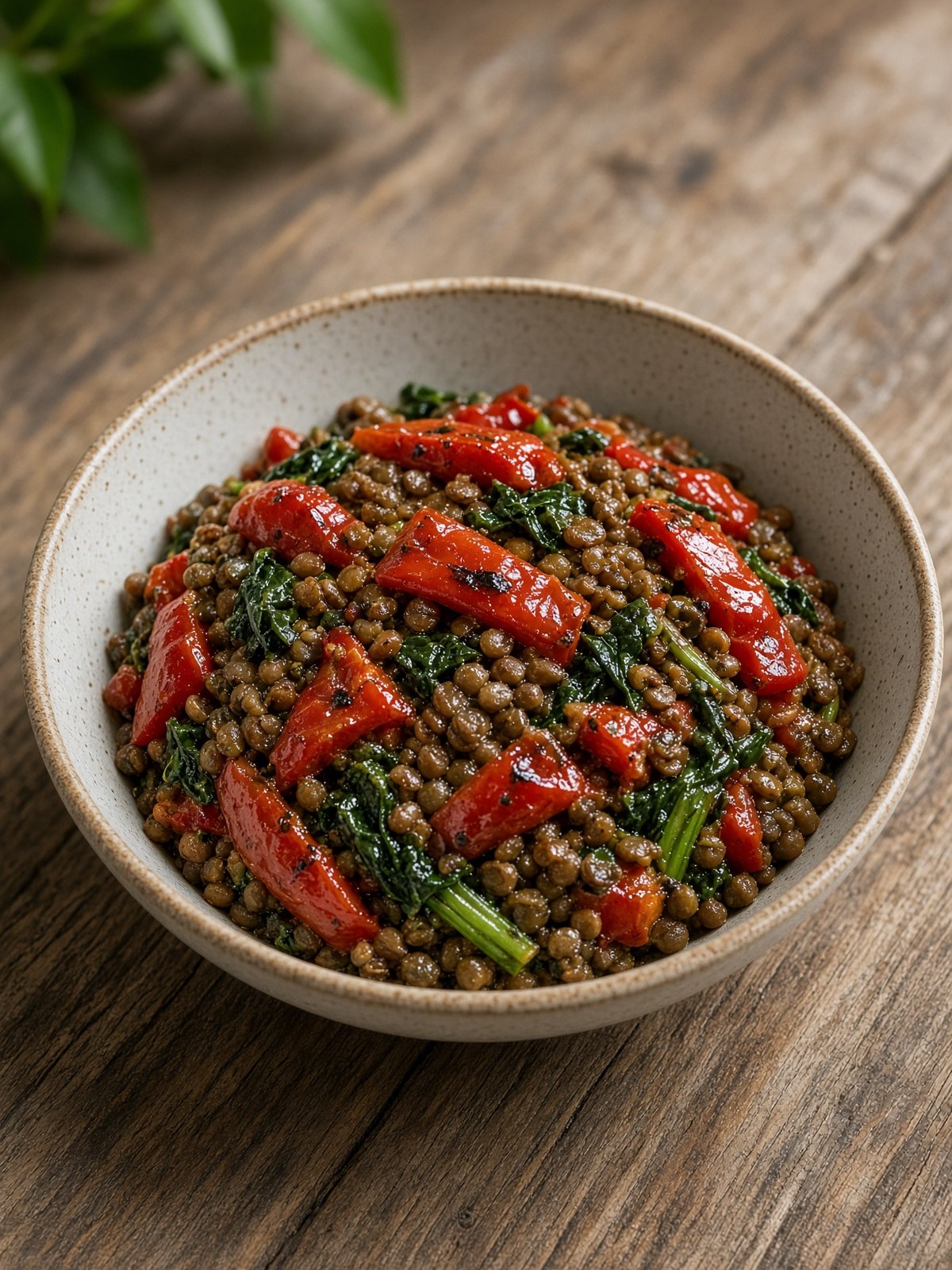 Bowl of lentils with roasted red peppers, parsley, and lemon