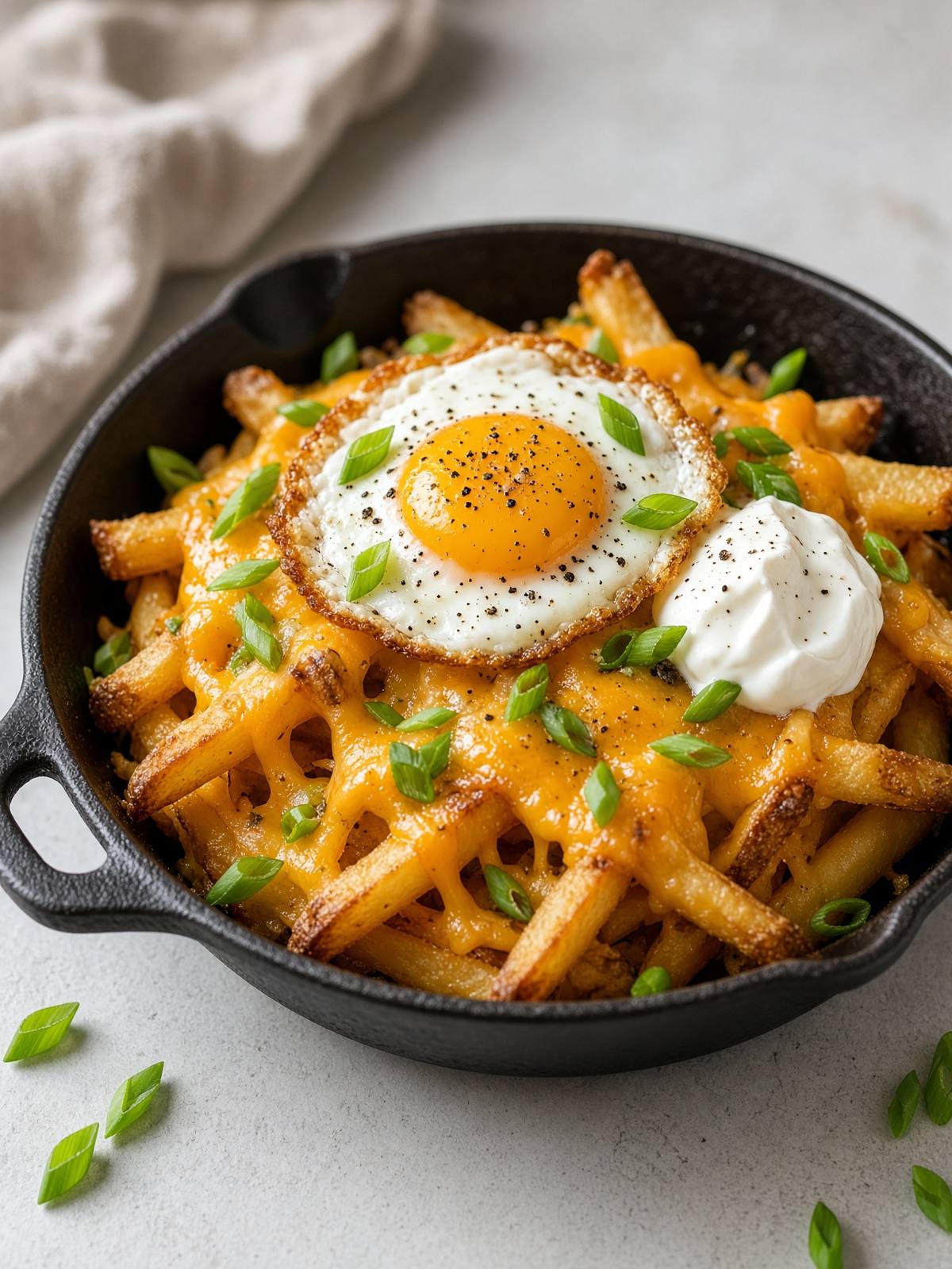 A sheet pan of crisp fries covered in melted cheddar and sliced scallions, divided into four portions, each topped with a fried egg and a spoon of sour cream.