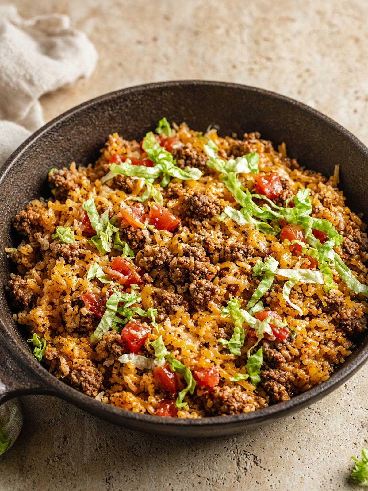 A skillet of taco rice with ground beef, cheddar, tomato, and lettuce.