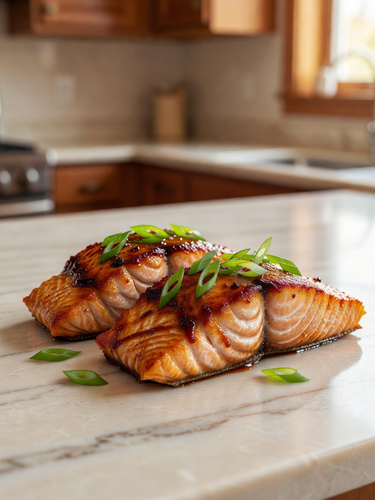 Baked salmon fillets with a dark maple glaze and sliced scallions