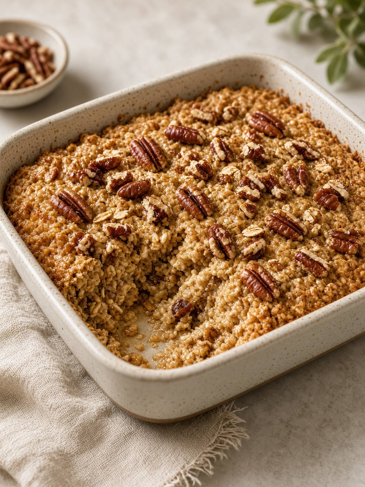 A square of maple baked oatmeal with toasted pecans on top.