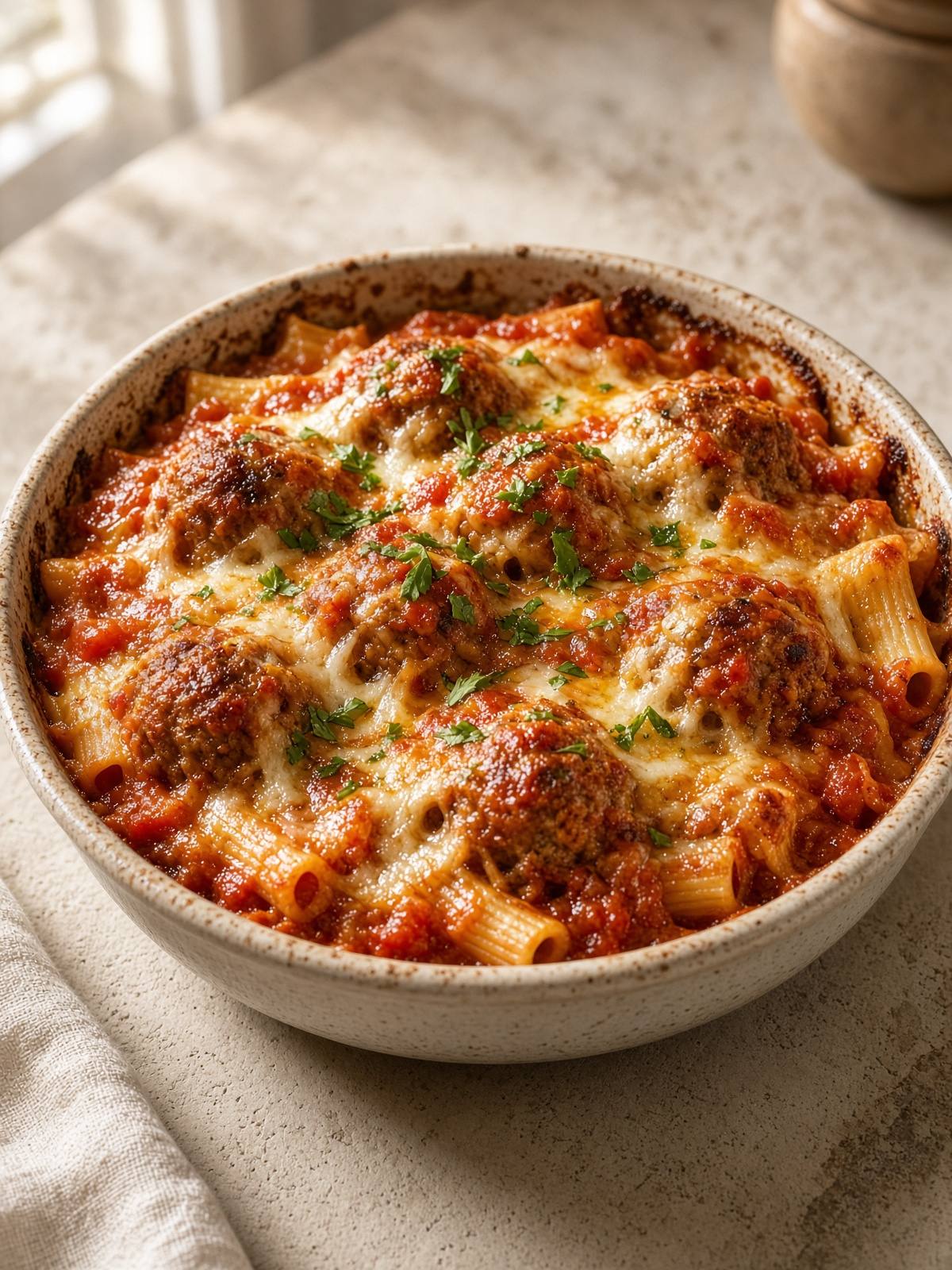 A baked dish of meatballs, pasta shells, marinara, and melted cheese.