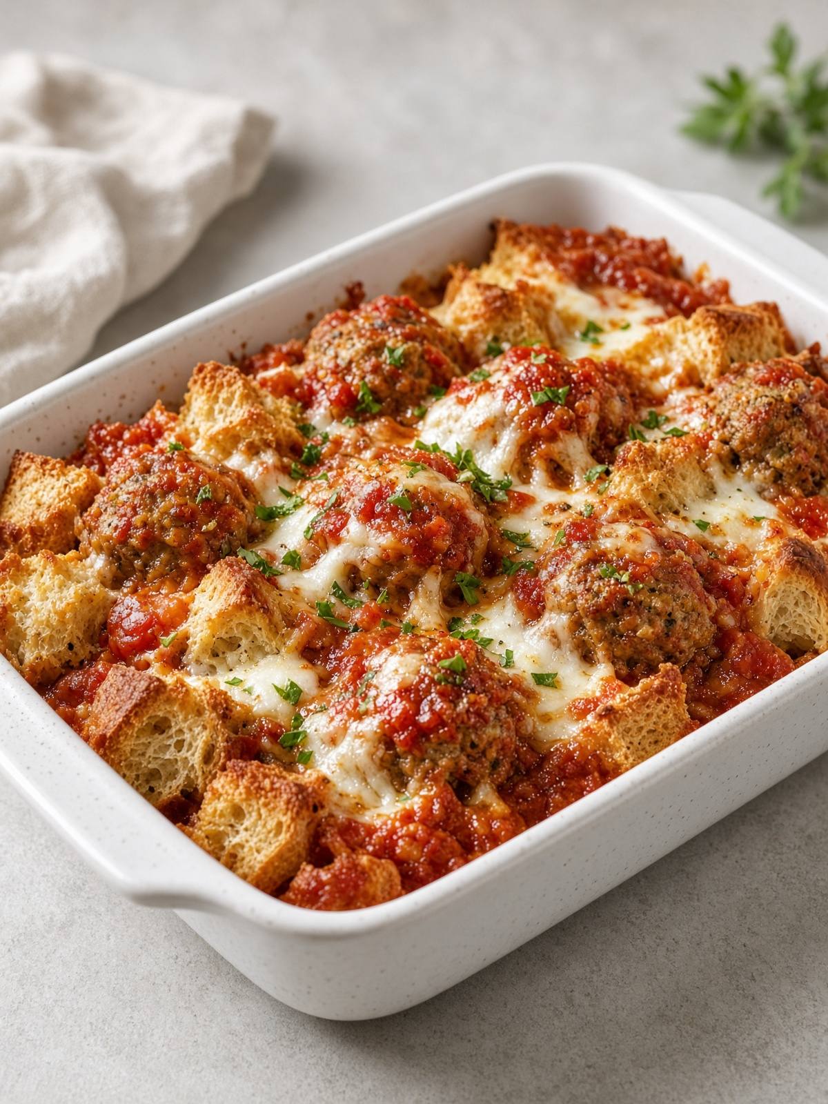 A baking dish of browned beef meatballs in red marinara with toasted bread cubes under melted mozzarella, a few spots on the cheese turned gold.