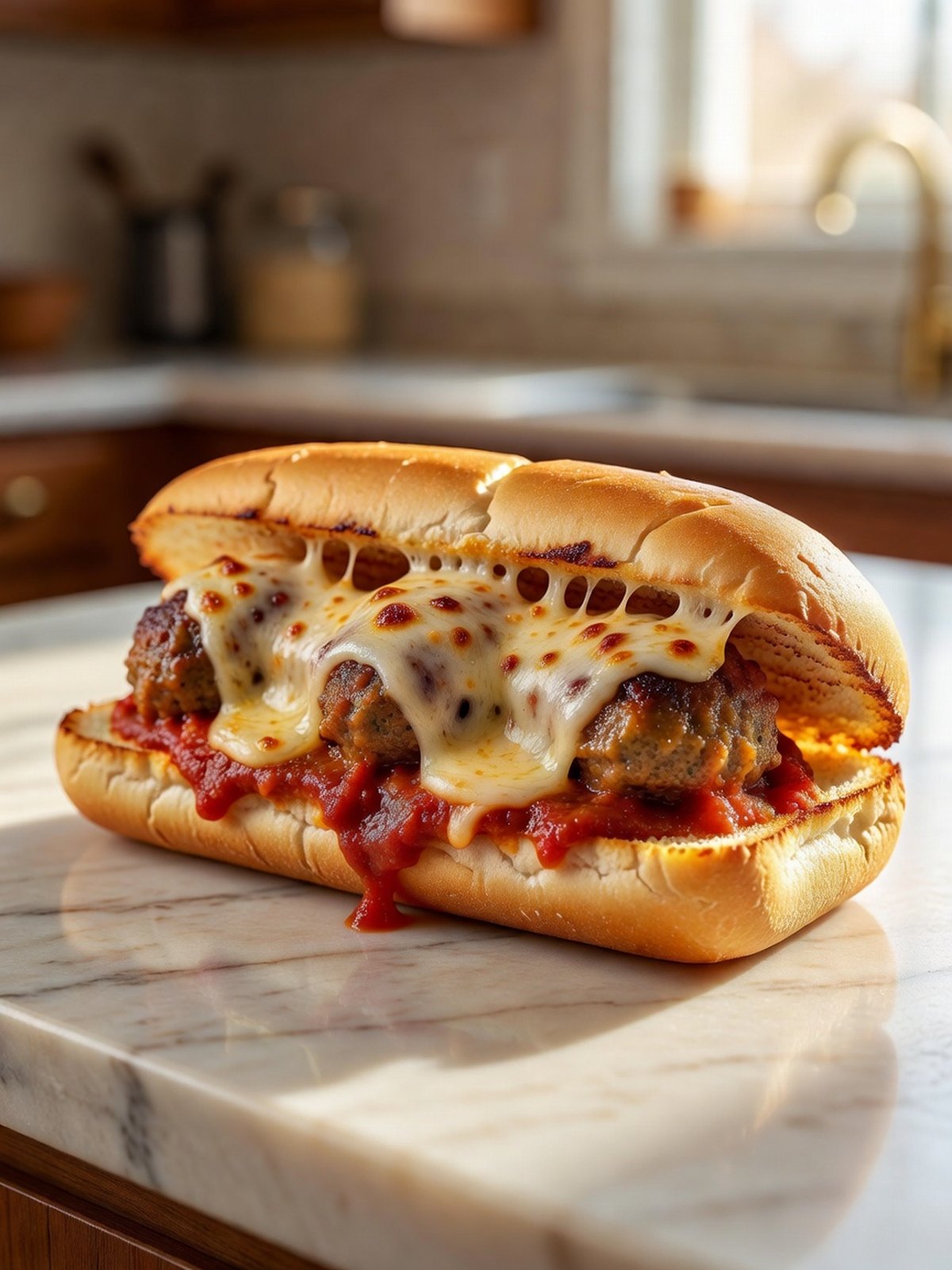 Meatball sub on a toasted roll with marinara and melted mozzarella