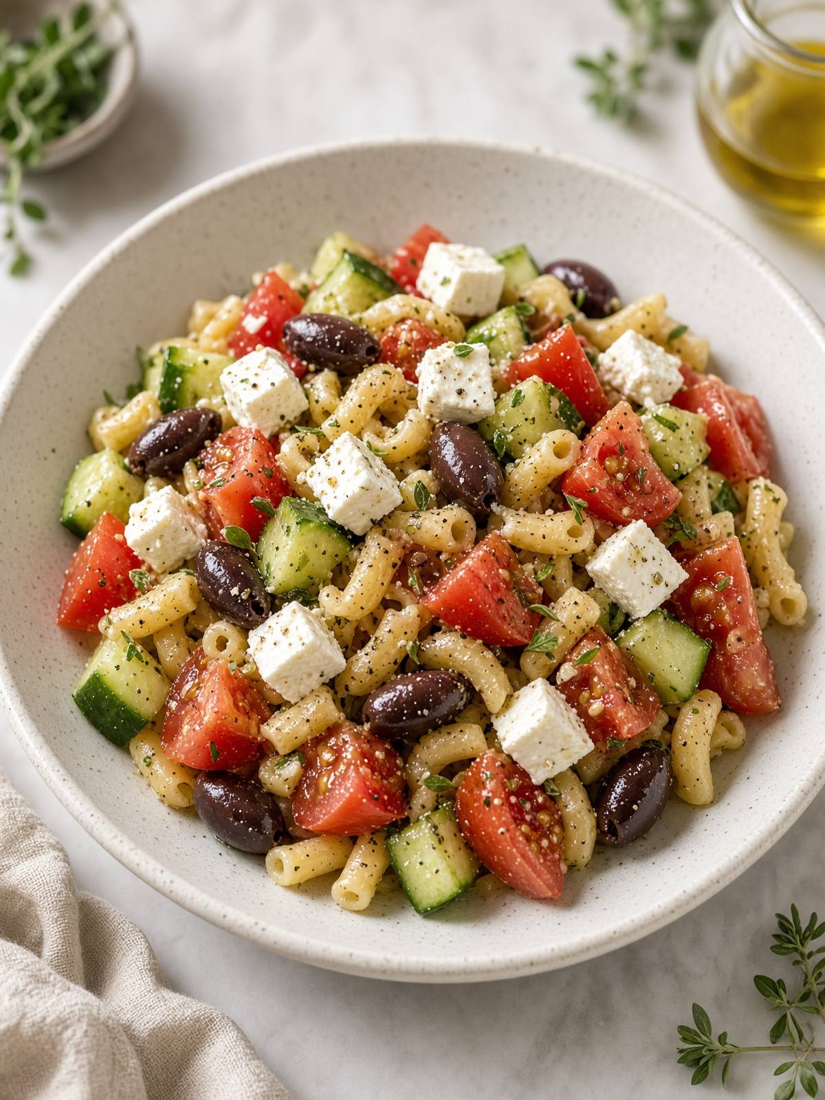 A bowl of pasta salad with cucumber, tomato wedges, black olives, and feta cubes.