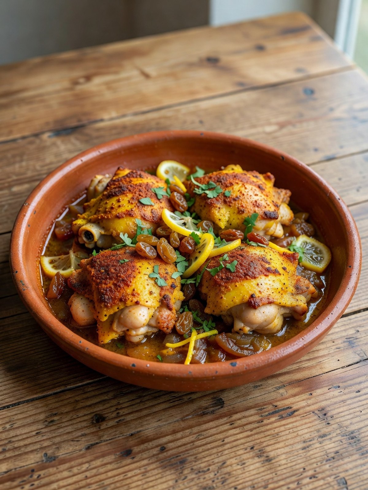 Roasted Moroccan spiced chicken thighs on a sheet pan with lemon wedges