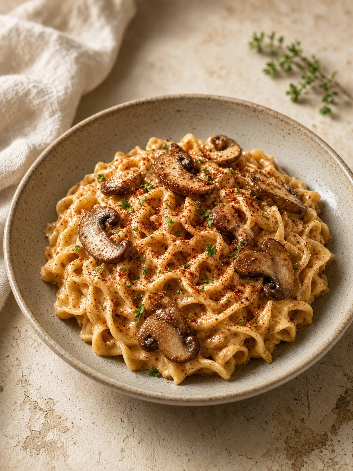 Mushrooms and egg noodles in a creamy paprika sauce.