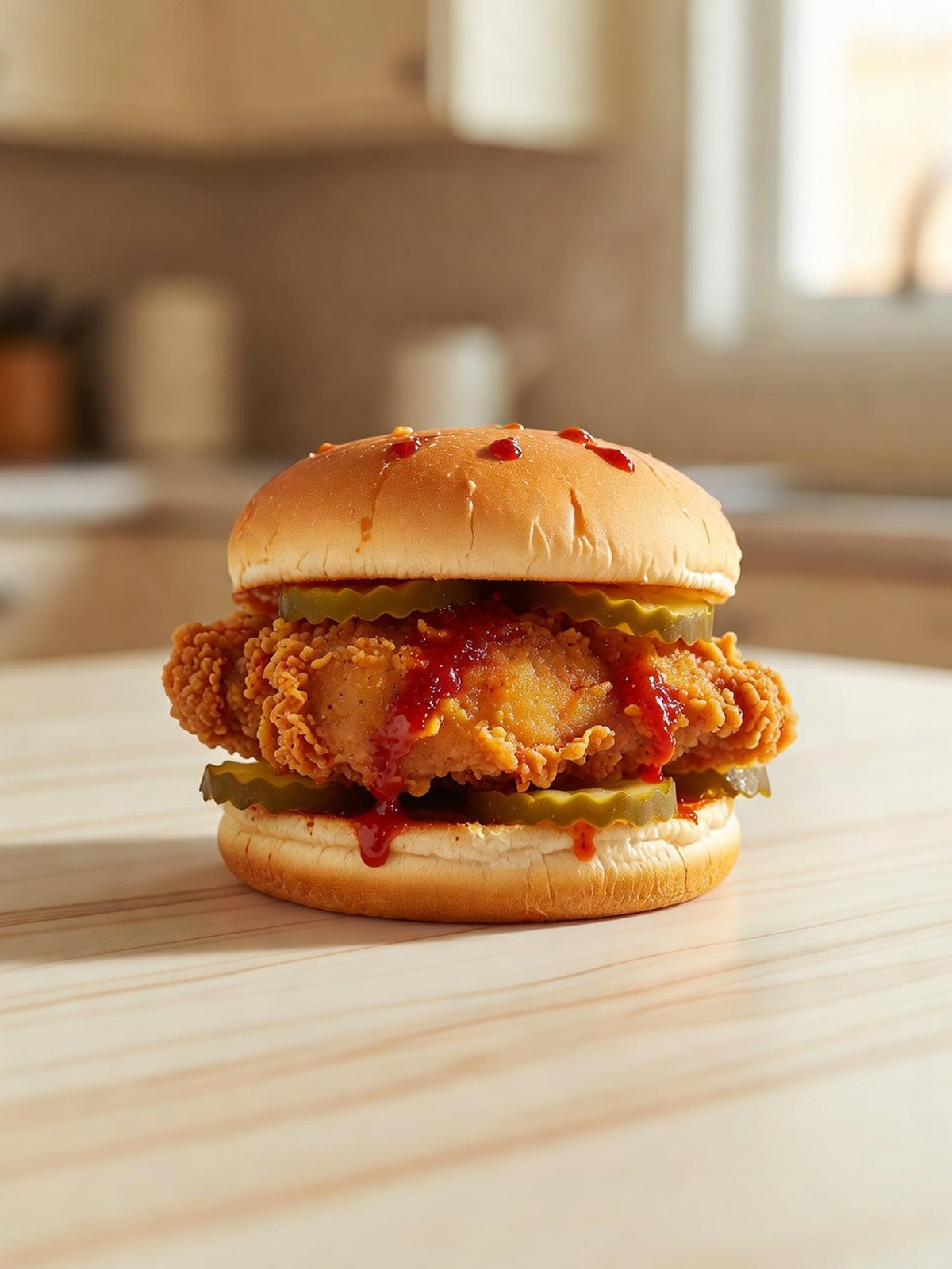 Fried chicken thigh on a white bun with pickle slices and a red spice glaze
