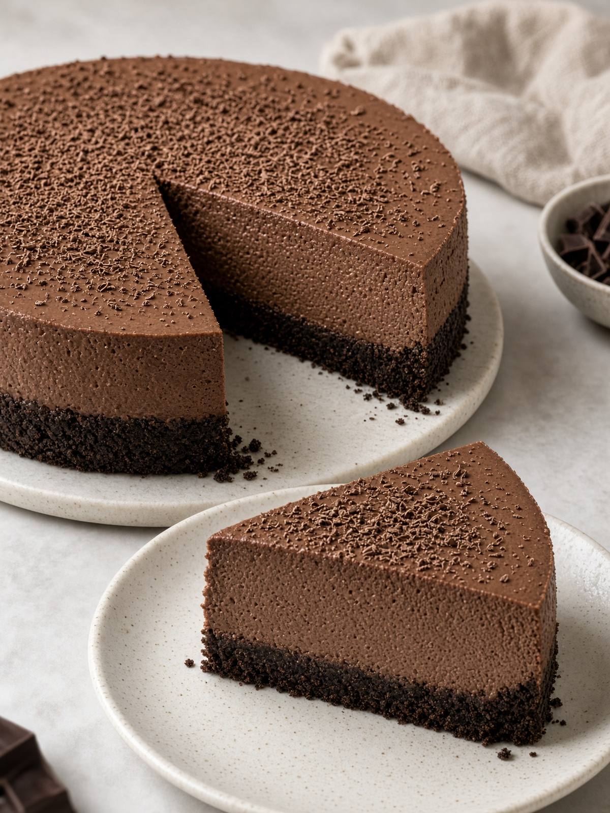 A slice of no-bake chocolate cheesecake on a cookie crust.