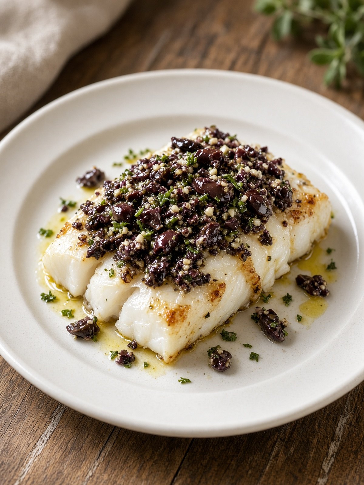 Baked cod topped with chopped olives, capers, and parsley