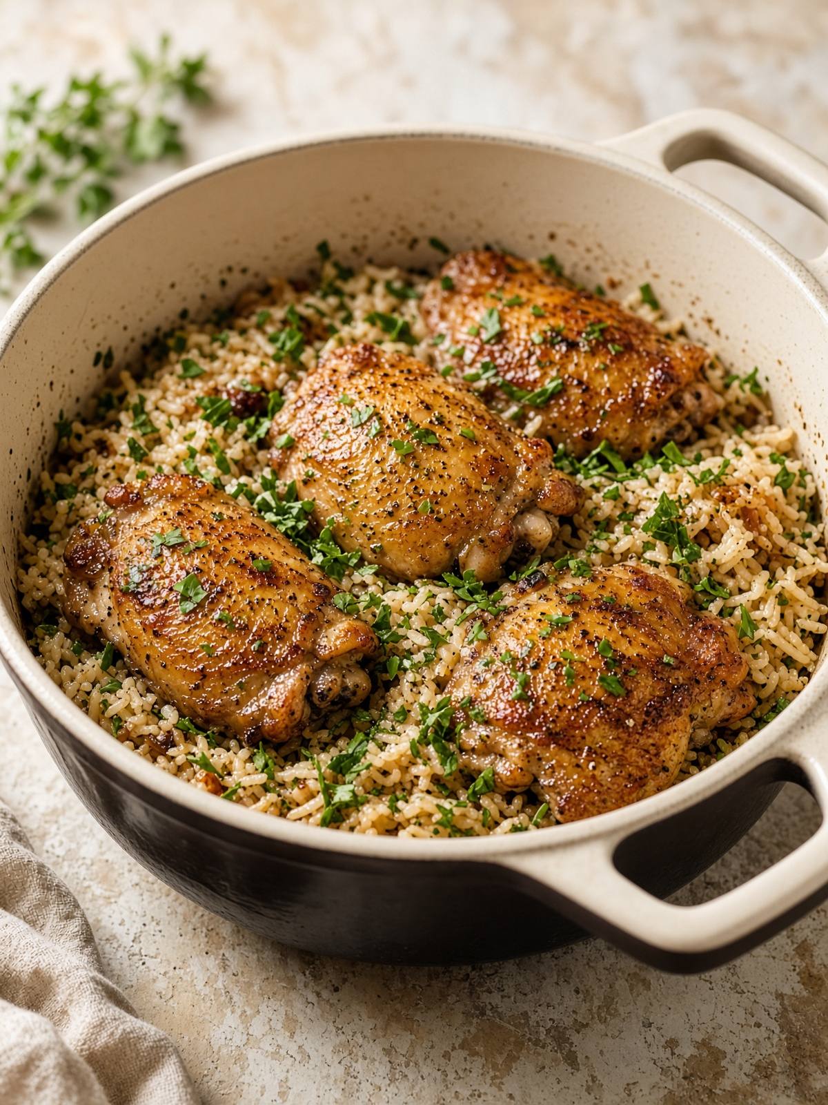 Dutch oven of paprika chicken thighs resting on rice with onion and parsley.