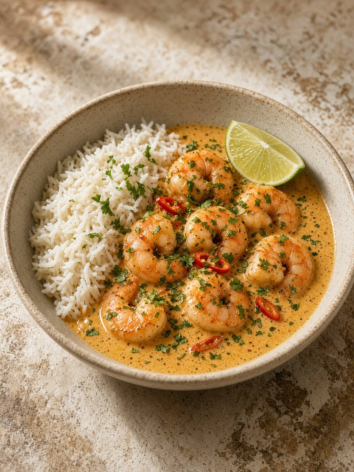Pot of shrimp in a yellow coconut curry with spinach and ginger.