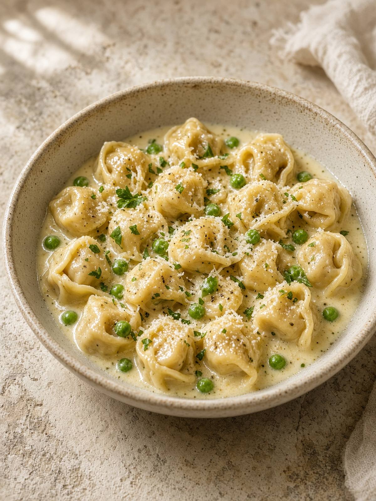 Skillet of cheese tortellini in a creamy sauce with peas and parmesan.