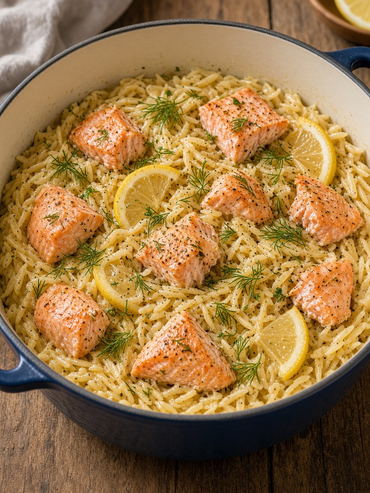Skillet of lemon orzo with pieces of salmon and dill