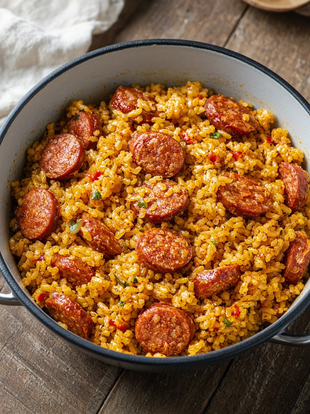 A skillet of red chorizo rice with peas and parsley