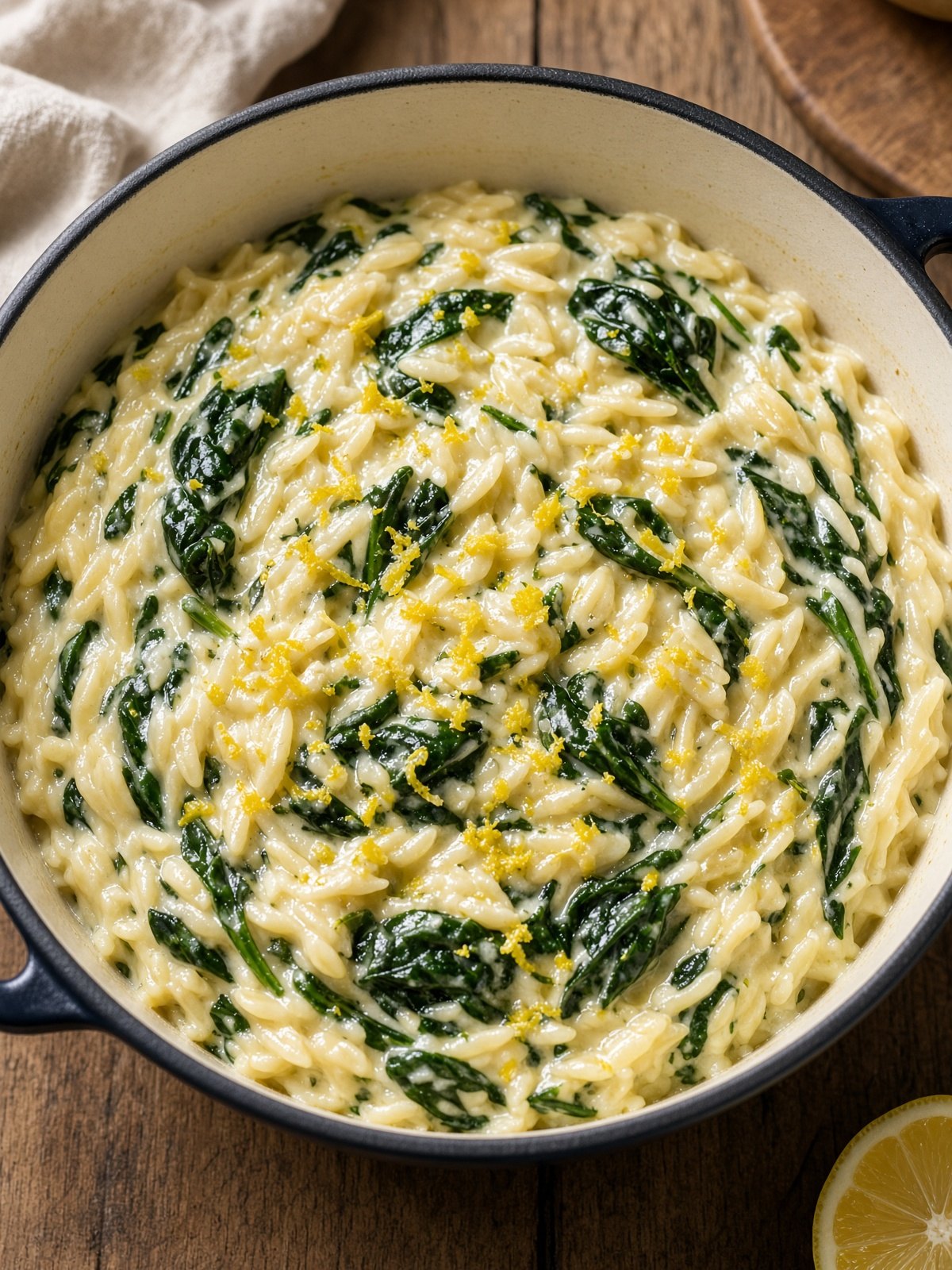 Creamy spinach lemon orzo in a white pot with lemon wedges