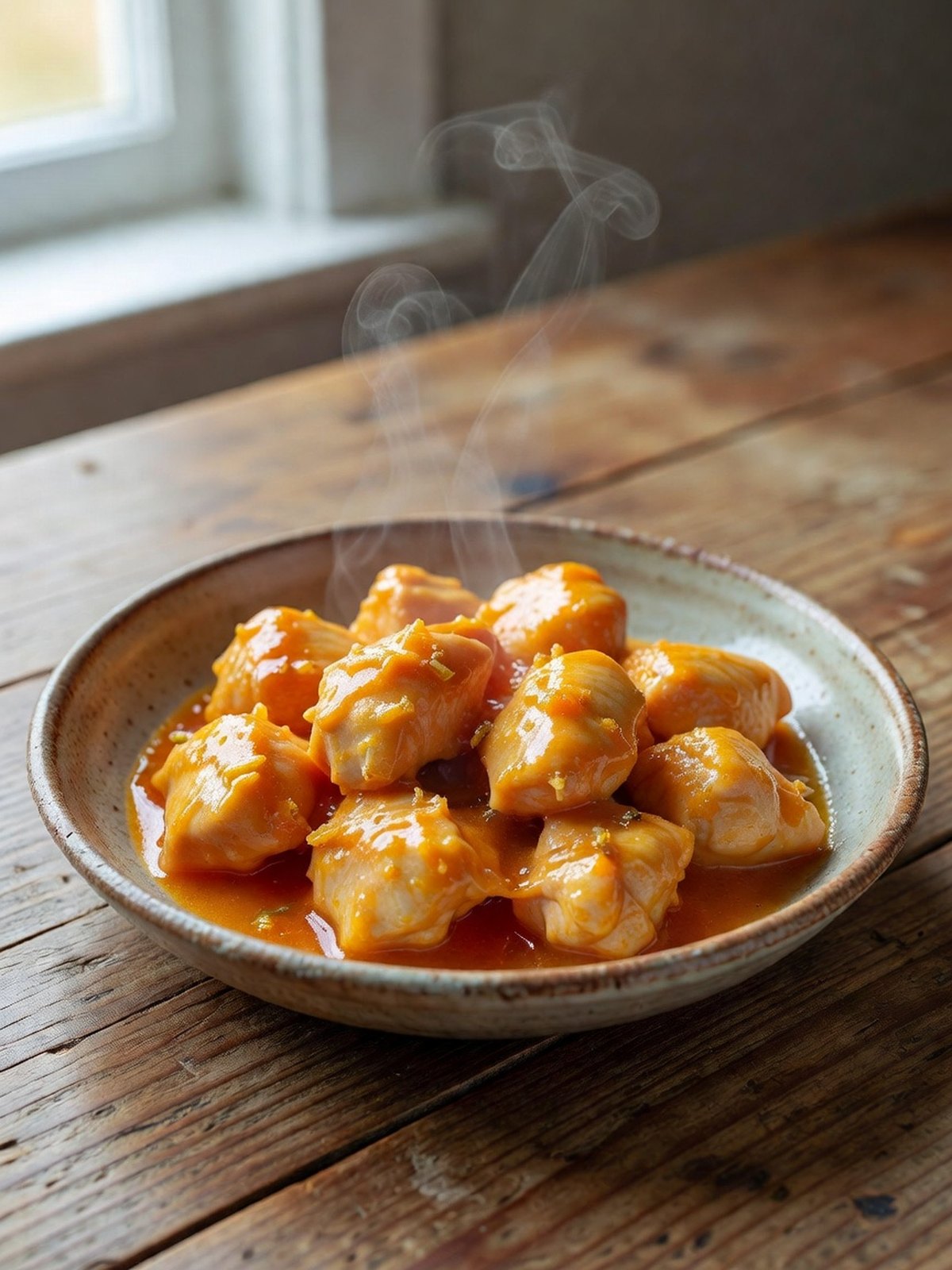 Glazed orange ginger chicken pieces in a skillet