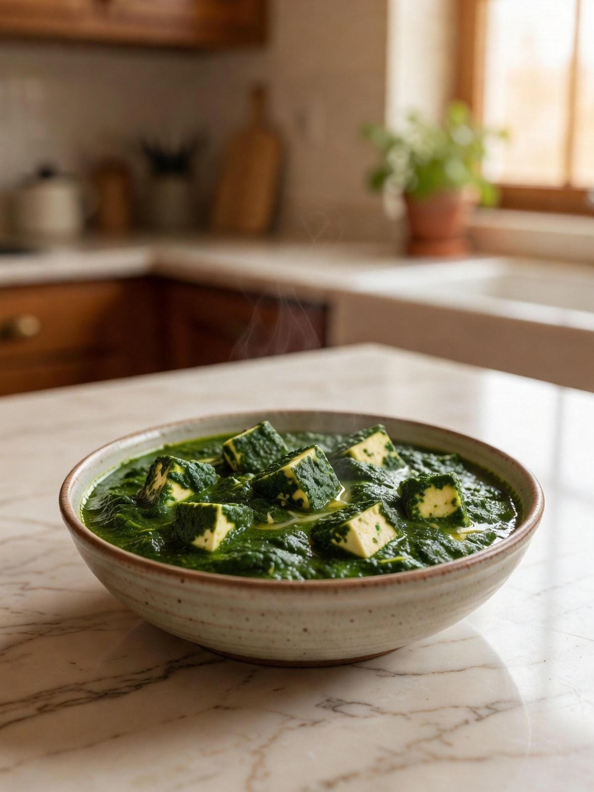 Bowl of green palak paneer with cubes of paneer in a spinach sauce