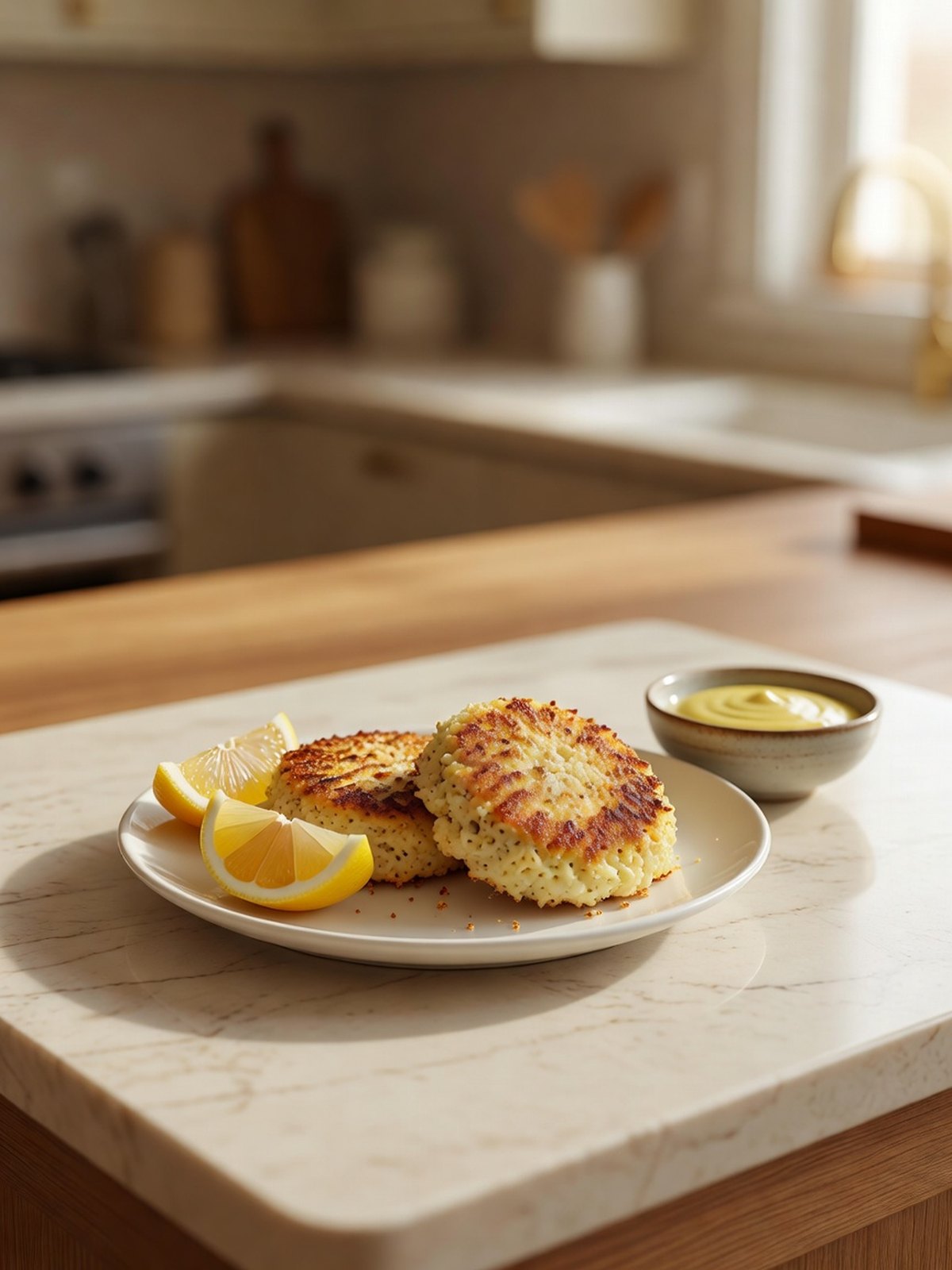 Golden crab cakes on a plate with lemon and a small dish of mustard sauce