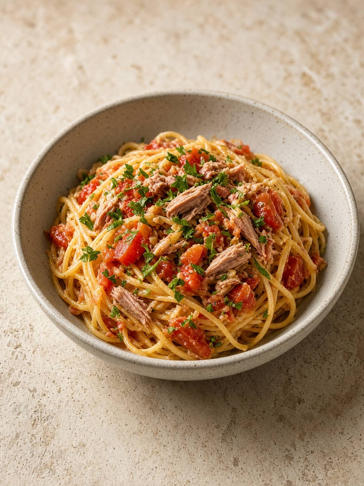 Spaghetti tossed with tuna, tomato, and parsley.