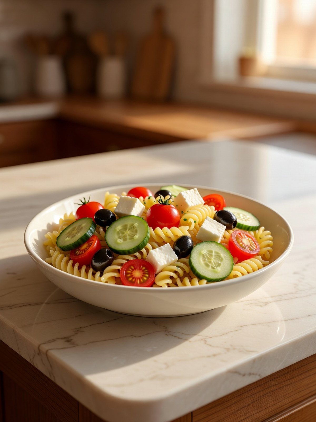 Cold pasta salad with rotini, cherry tomatoes, cucumber, olives, and cubed cheese