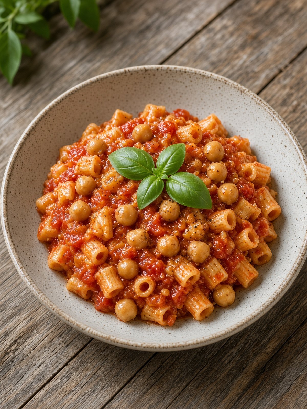 Bowl of short pasta with chickpeas in tomato sauce