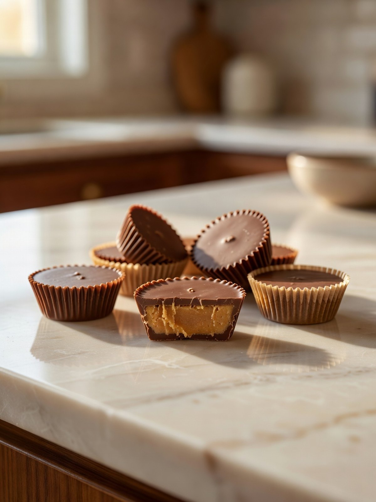 Peanut butter cups in paper liners, one cut open to show a peanut butter center