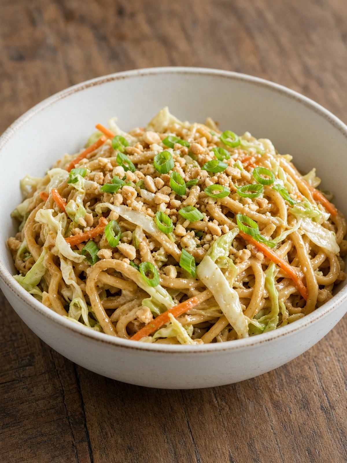 Peanut noodles with cabbage and scallions