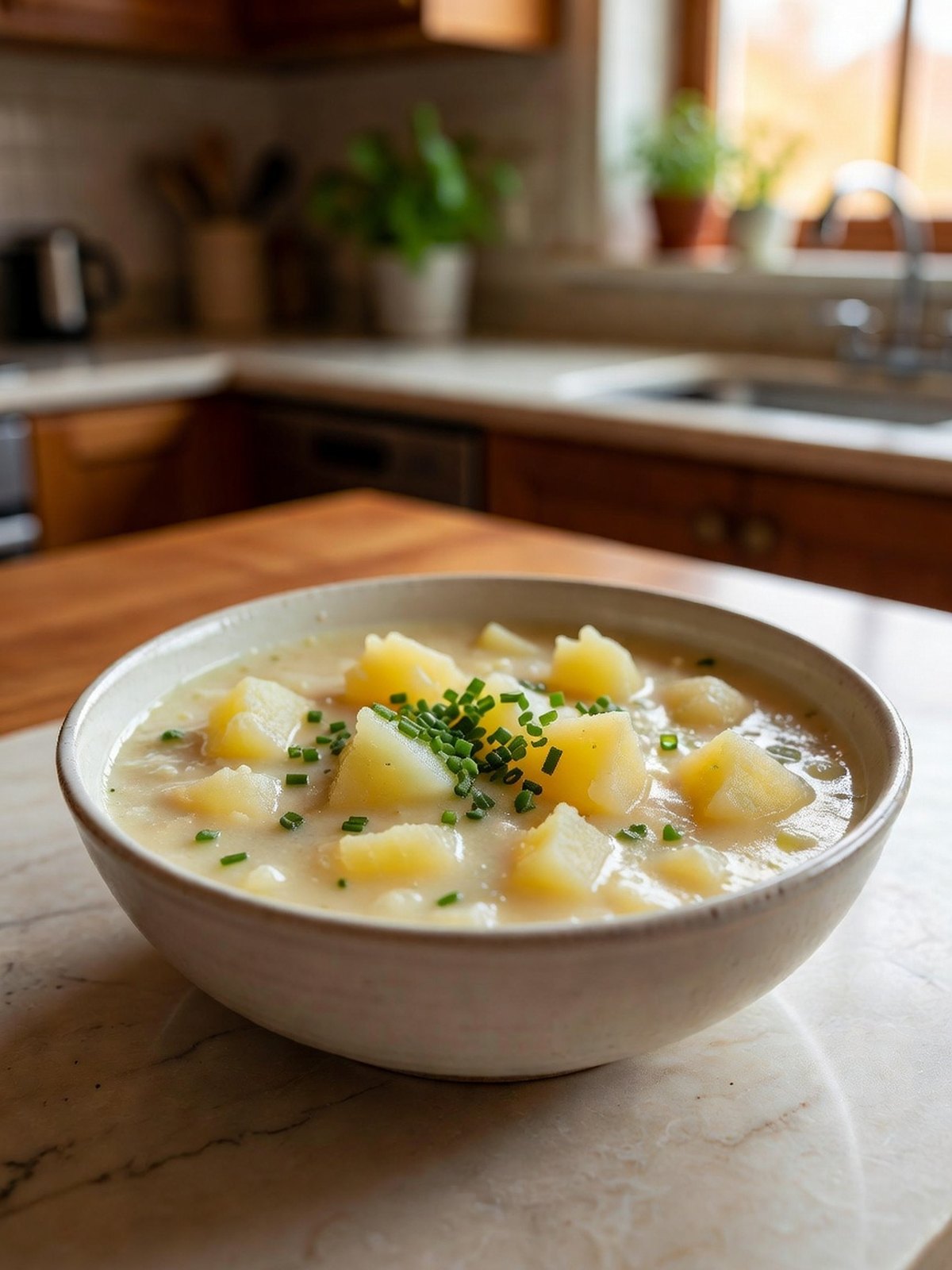 Bowl of thick potato soup with visible potato chunks and chopped chives