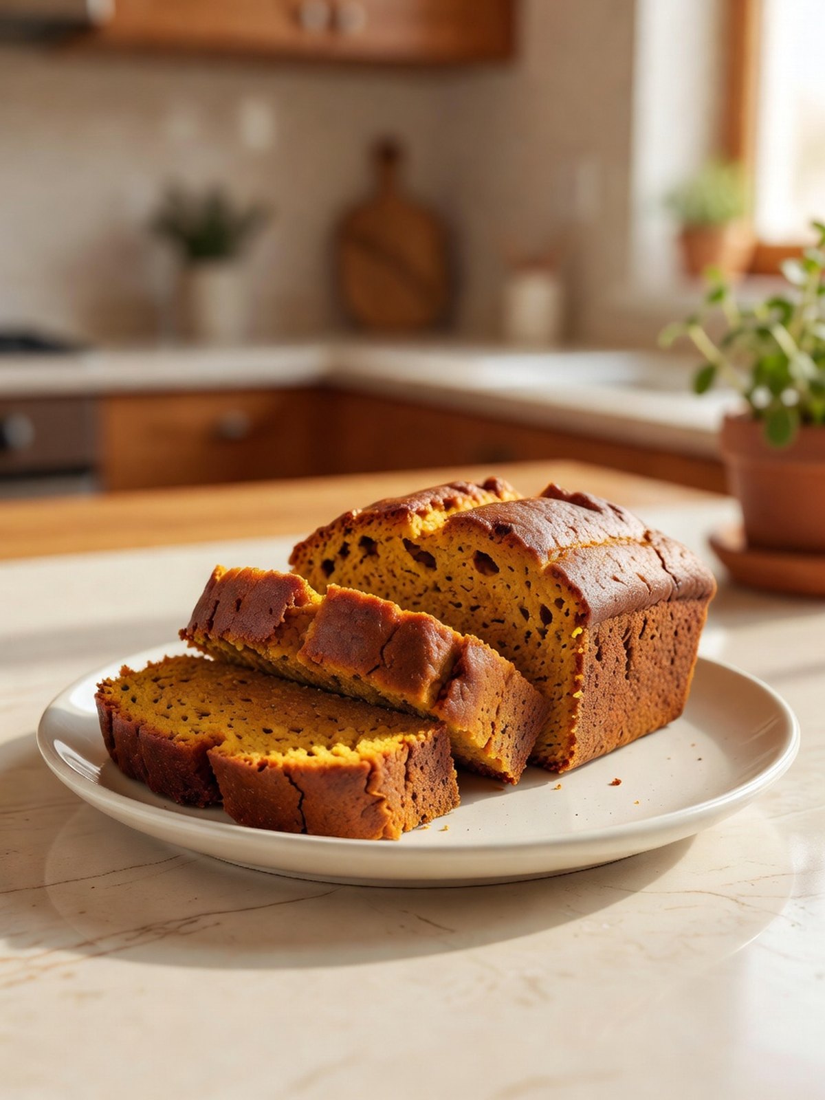 Sliced pumpkin bread with a deep orange crumb on a plate