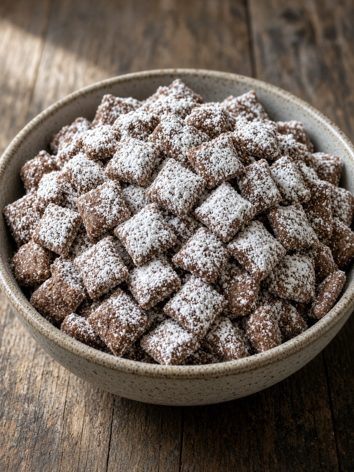 Bowl of powdered-sugar-coated chocolate peanut butter cereal snack