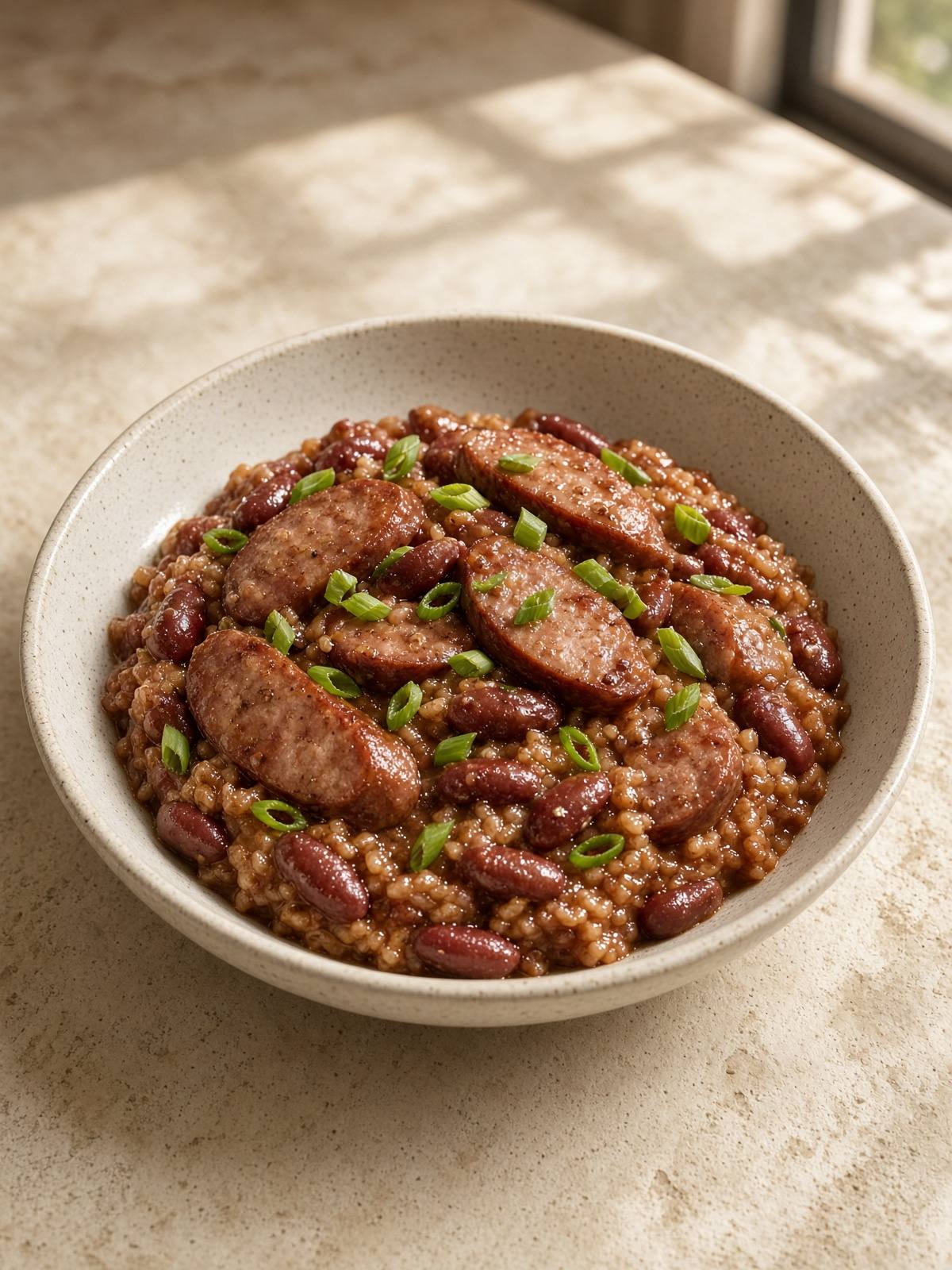 A bowl of red beans and rice with sliced smoked sausage and green onion.